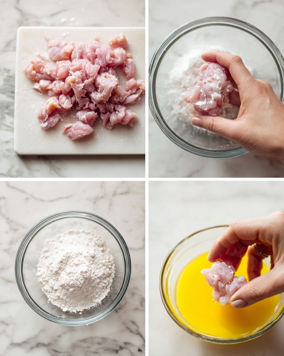 The image shows three steps for preparing food in a collage style with a white marbled texture background. The first part displays many small light pink pieces of raw meat on a white cutting board. The second part shows a woman's hand holding a piece of meat and pressing it into a clear glass bowl filled with white powder. The last part shows a woman's hand dipping the same piece into another clear glass bowl containing yellow beaten egg liquid. The focus is on the textures of raw meat, white powder, and yellow egg liquid, with the woman's hand interacting with the ingredients. Photo taken with an iphone --ar 4:5 --v 7