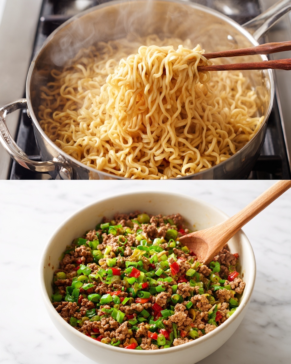 In a silver pan on a white marbled surface, there is a dish of dark brown cooked noodles mixed with small pieces of browned meat. The noodles are shiny and coated with a thick sauce, with some green sliced scallion rings sprinkled on top along with small white sesame seeds. Next to the pan on the right, there is a small bowl filled with extra white sesame seeds. The edges of the pan show some sauce marks, and it rests on a white cloth with black stripes. photo taken with an iphone --ar 4:5 --v 7
