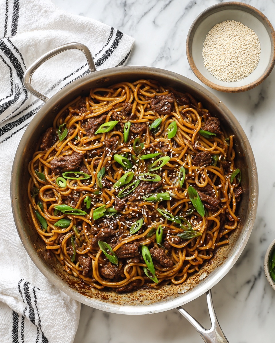 The first image shows a close-up of light-colored uncooked curly noodles being held with wooden chopsticks over a pot of boiling water, with steam rising and a silver stove burner visible below. The second image shows cooked noodles mixed with browned ground meat and small diced red and green vegetables, topped with bright green chopped spring onions, all stirred with a wooden spoon inside a white bowl, placed on a white marbled surface. photo taken with an iphone --ar 4:5 --v 7