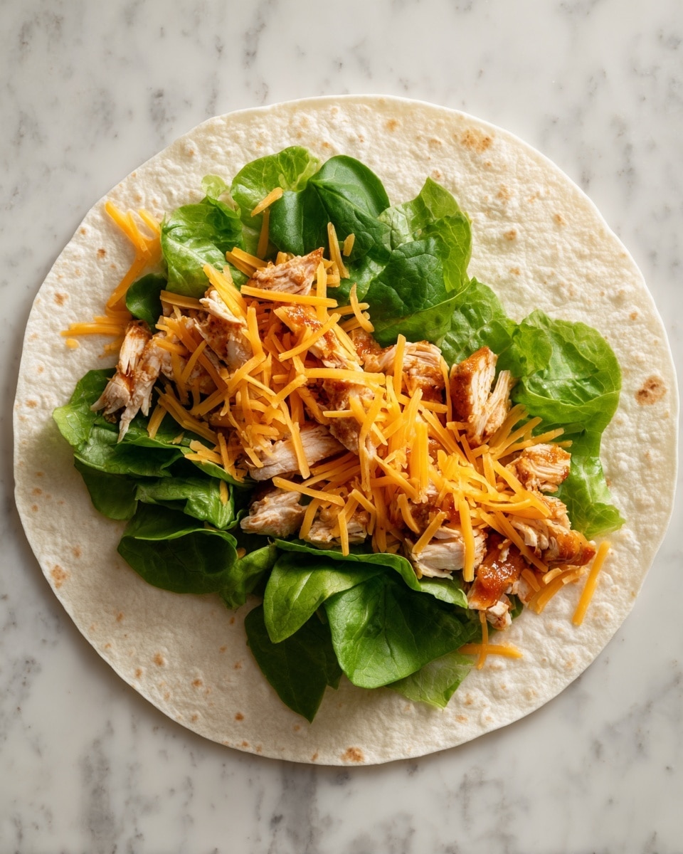 The image shows a white tortilla placed on a white marbled surface. On top of the tortilla, there is a layer of green lettuce leaves spread evenly. Above the lettuce, a layer of thin orange carrot strips is scattered. On top of the carrots, pieces of cooked brown chicken are placed in the center. Some shredded yellow cheese is sprinkled over the chicken and carrots, creating a mix of colors and textures on the tortilla. Photo taken with an iphone --ar 4:5 --v 7
