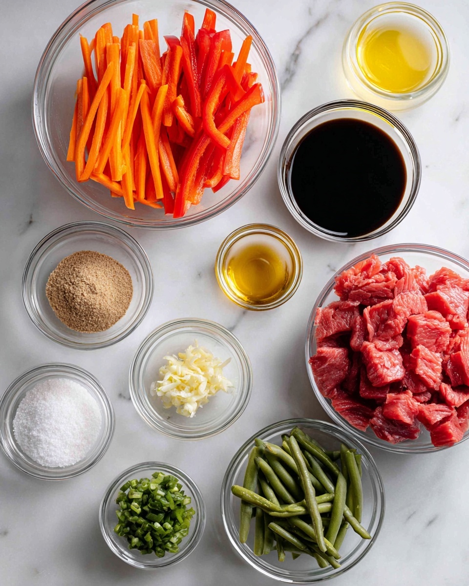 A white bowl filled with a base layer of plain white rice, topped with a glossy stir-fried mixture of dark brown beef strips and thin red and orange bell pepper slices. Green vegetables and some sliced green onions are scattered on top, adding a fresh pop of color. The sauce covering the beef is shiny and thick, with small seeds visible. A silver spoon is placed inside the bowl on the right side. The bowl sits on a white marbled surface. Photo taken with an iphone --ar 4:5 --v 7