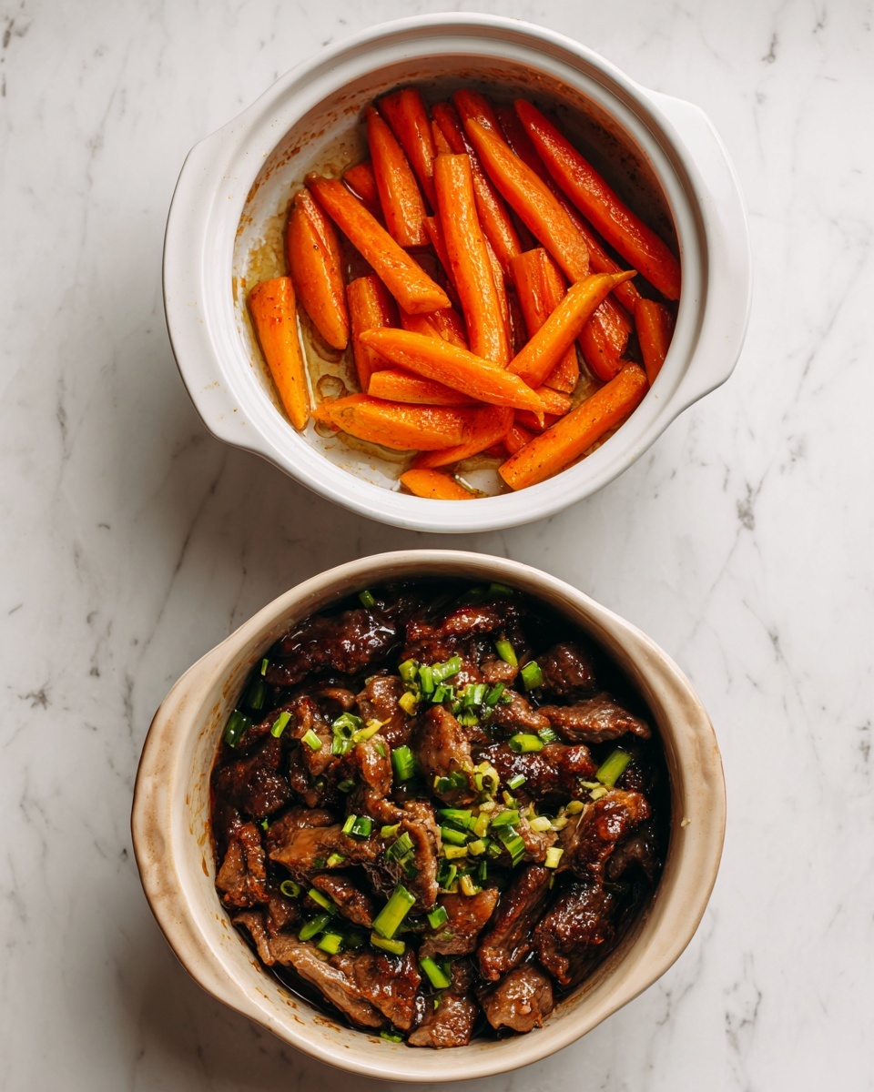 The image shows several ingredients in clear glass bowls arranged neatly on a white marbled surface. There are thin orange carrot sticks and thin red strips of bell pepper mixed together in one bowl at the top left. To the right of this bowl, there is a dark soy sauce in a smaller bowl. Next to the soy sauce, at the top right, is a bowl with many slices of raw pink beef. Below the carrot and pepper bowl are small bowls containing light brown sugar, white powder (likely cornstarch), minced garlic, and finely chopped green beans. There is also a small bowl with light yellow minced ginger and a clear bowl with some light yellow liquid oil. A woman's hand is partially touching the carrot and pepper bowl from the left side. The setting is clear and simple, with all bowls placed close together on the smooth white marbled surface. Photo taken with an iphone --ar 4:5 --v 7
