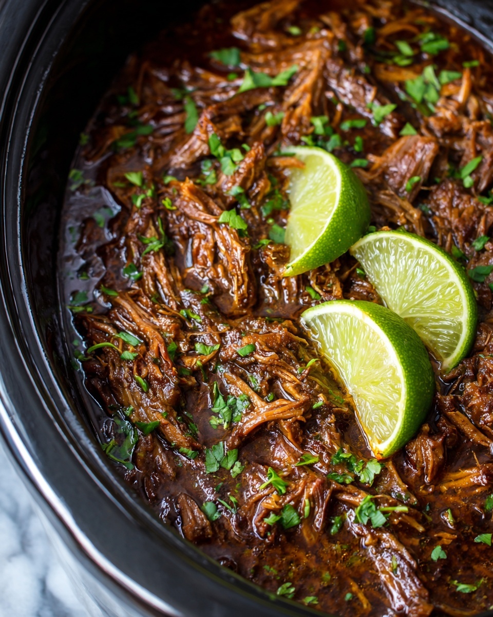 The image shows a close-up of a pot filled with slow-cooked shredded meat in a rich dark brown sauce. The meat is soft and stringy, mixed evenly with the thick sauce. Bright green chopped herbs are sprinkled on top, adding fresh color, and three lime wedges are placed on the surface. The pot has a shiny silver rim and the background is a white marbled texture. photo taken with an iphone --ar 4:5 --v 7