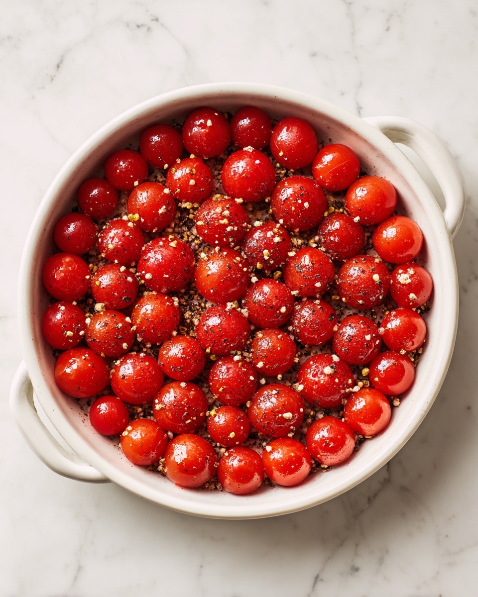 A white round dish filled with bright red cherry tomatoes covering the entire surface in one layer; the tomatoes are sprinkled with small brown and black seasoning bits that add texture and color contrast; the dish has two small handles on opposite sides, placed on a white marbled surface that has subtle grey veins and a smooth texture; the photo is taken from above, showing the uniform round shape and glossy skin of the tomatoes photo taken with an iphone --ar 4:5 --v 7