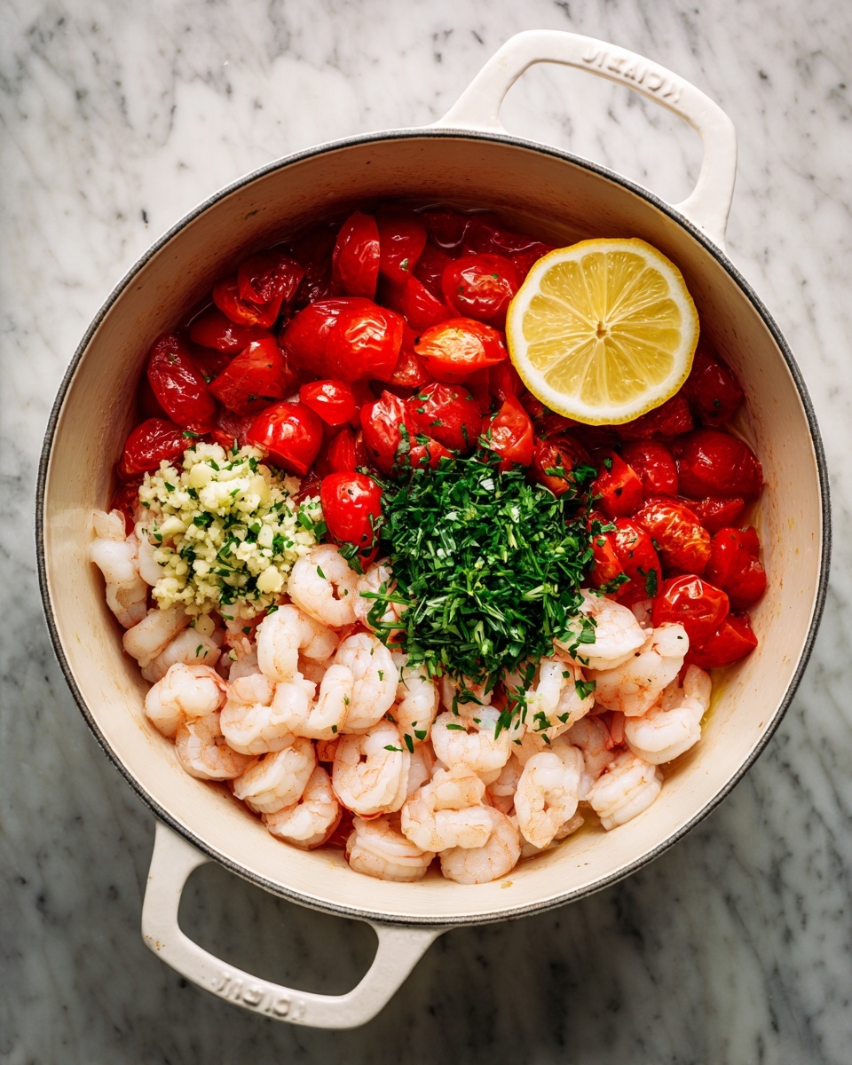 A white pot with two handles shows a mix inside: a layer of bright red cherry tomatoes sitting in a light sauce, topped with a pile of pale pink shrimp on one side. In the middle of the tomatoes is a small pile of finely chopped garlic and a bunch of chopped green herbs. On top, to the right, there is a half lemon with a yellow inside, sitting on the tomatoes. The pot rests on a white marbled surface. photo taken with an iphone --ar 4:5 --v 7