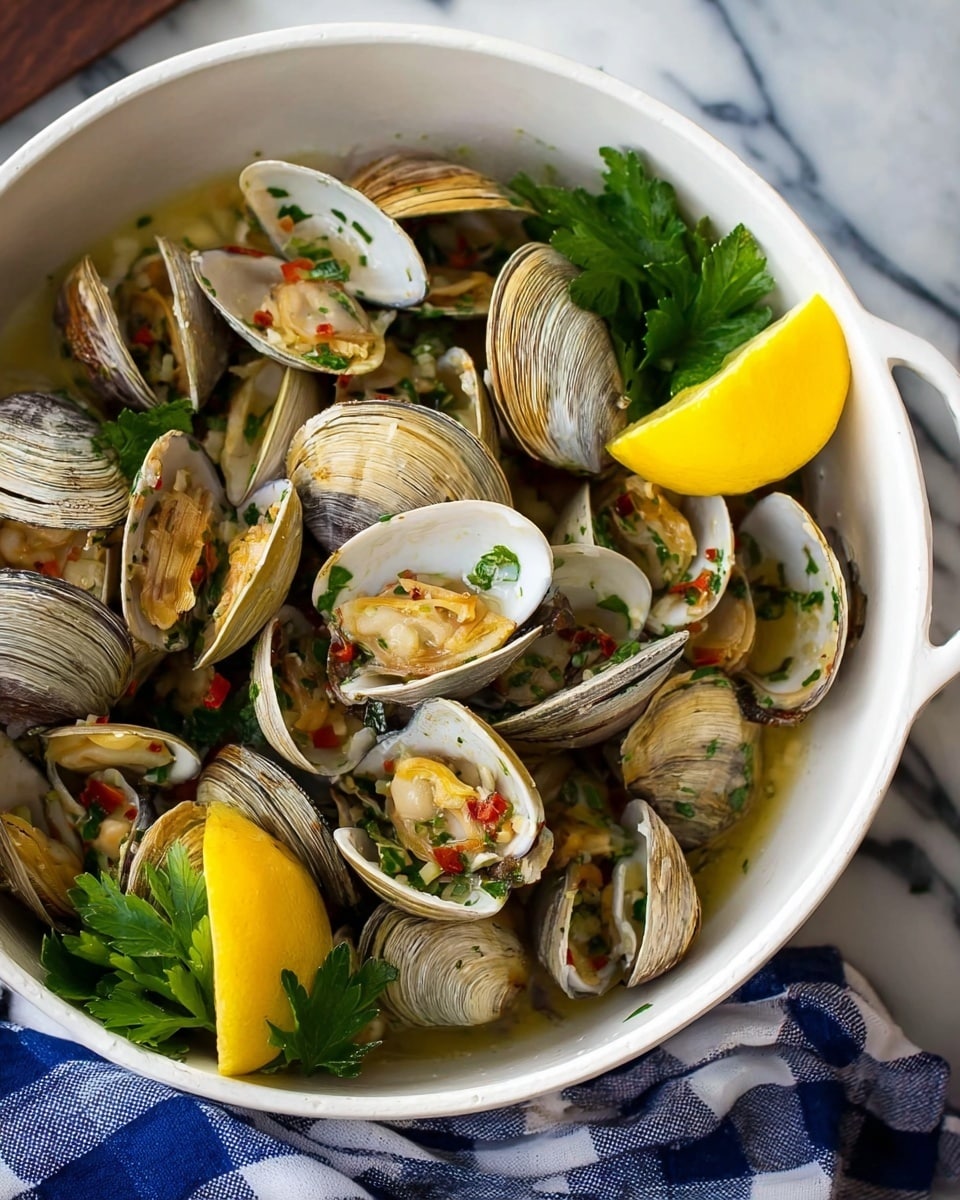 A white bowl filled with several clams, some shells open showing the light beige clam meat inside, while others are closed with brown and tan patterned shells, garnished with small green herbs and red pepper bits. Around the clams, there are bright yellow lemon wedges and fresh green parsley sprigs. In the background, there are slices of bread and a blue and white cloth, all set on a white marbled surface. photo taken with an iphone --ar 4:5 --v 7