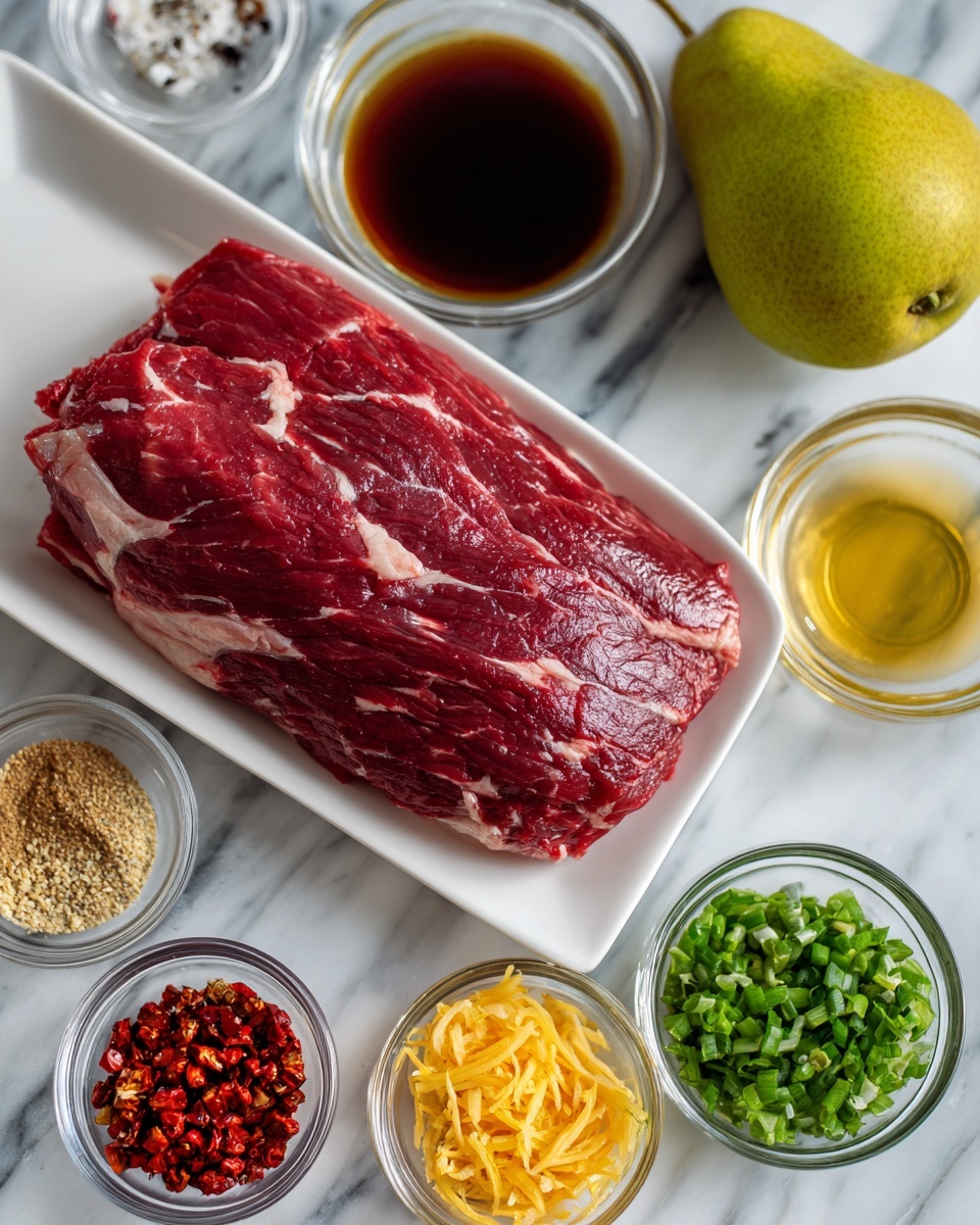 A clear glass bowl holds a dark brown liquid base, topped with a pile of shredded white pieces, likely horseradish or radish, scattered over one side. In the middle on top, there is a small mound of crushed red chili flakes adding a pop of deep red color, with the shininess of the liquid shining around the edges. The bowl sits on a dark surface, with a single green onion placed nearby, adding a fresh green touch to the simple scene. The image focuses closely on the bowl, showing the textures clearly. photo taken with an iphone --ar 4:5 --v 7