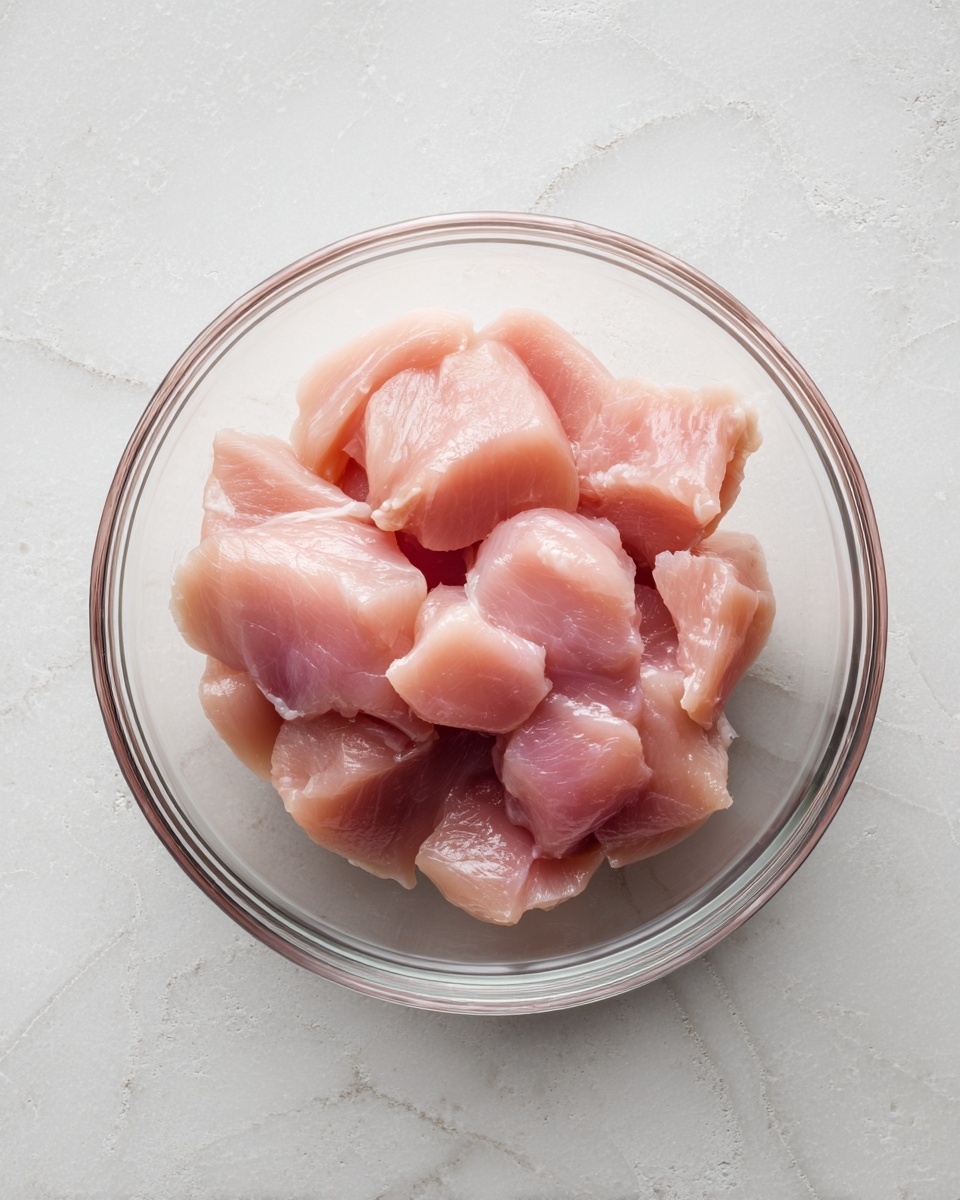 A clear glass bowl filled with several pieces of raw chicken meat, light pink in color and smooth in texture. The bowl sits on a white marbled surface. The chicken pieces vary in shape but mostly appear as small, uneven chunks scattered inside the bowl. photo taken with an iphone --ar 4:5 --v 7