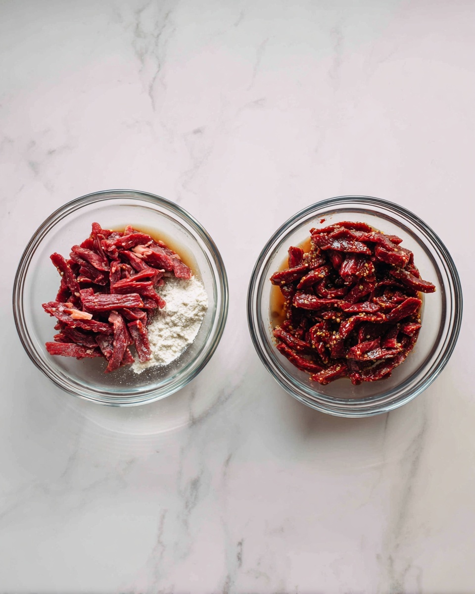 A white bowl filled with a base layer of fluffy white rice, topped with a second layer of dark brown cooked beef pieces mixed with orange-red bell pepper chunks and translucent cooked onion slices, all coated in a glossy sauce. The bowl is placed on a white marbled surface with a pair of black chopsticks resting nearby. Photo taken with an iphone --ar 4:5 --v 7