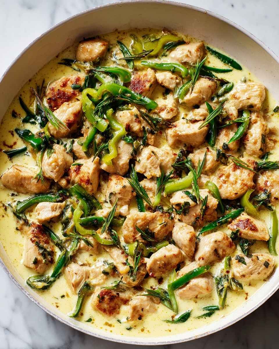 The image shows a white pan filled with a creamy dish made of small pieces of light brown cooked chicken mixed with bright yellow-green pepper slices. The creamy sauce is pale yellow with a smooth texture, covering the chicken and peppers evenly. The chicken pieces have slight browned spots showing where they were cooked, adding texture contrast. The white marbled surface beneath the pan is clean and reflective, emphasizing the colors of the food. Photo taken with an iphone --ar 4:5 --v 7