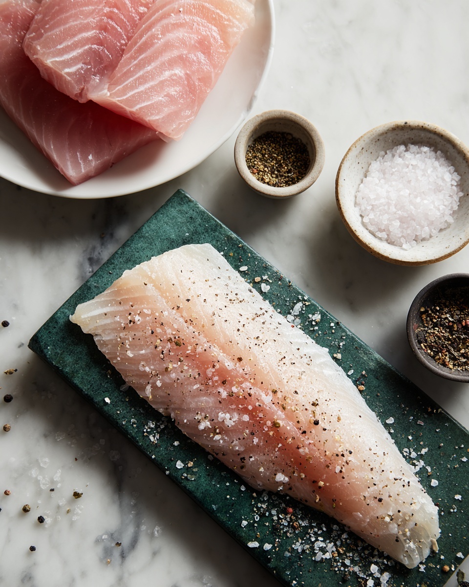 A large slice of raw fish with a pale pink color and a slightly translucent texture is placed on a dark green cutting board. The fish slice is sprinkled with coarse salt and black pepper. Next to it, there are two small bowls, one filled with coarse white salt and the other with crushed black pepper. Behind the cutting board, there is a white plate holding two thick slices of similar raw fish. The whole scene is set on a white marbled surface photo taken with an iphone --ar 4:5 --v 7