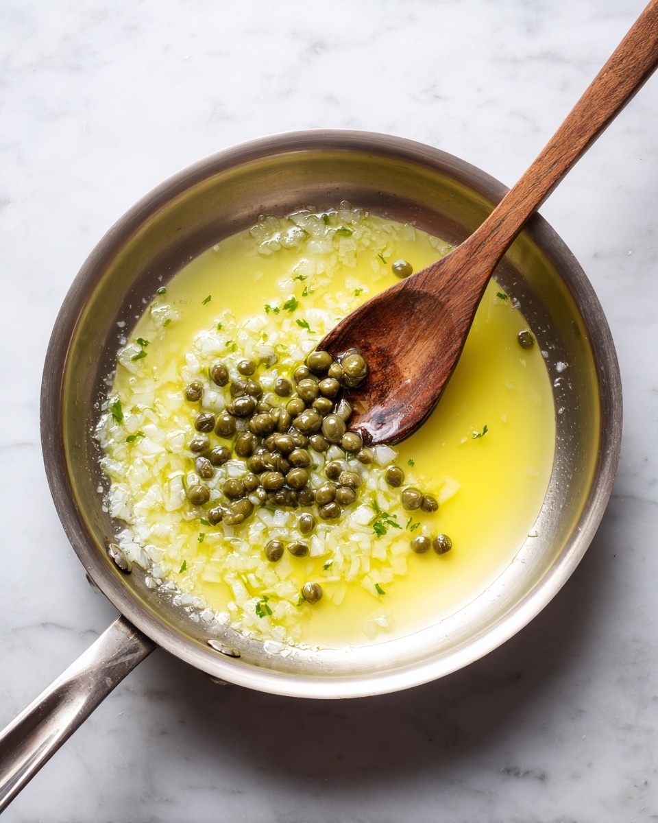 On a white round plate, there are four golden-brown cooked fish fillets arranged close together, each topped with a light sauce that looks glossy and slightly runny. The sauce contains small, light green capers and finely chopped pale yellow onions, scattered evenly on the fish surface. Fresh green parsley is sprinkled on top as garnish, adding hints of bright color. A lemon wedge with a pale yellow rind and juicy interior sits on the left side of the plate. The plate rests on a white marbled surface with a beige cloth napkin beneath it. Two white small bowls are partly visible near the top edge, one filled with lemon wedges and the other with chopped green herbs. photo taken with an iphone --ar 4:5 --v 7