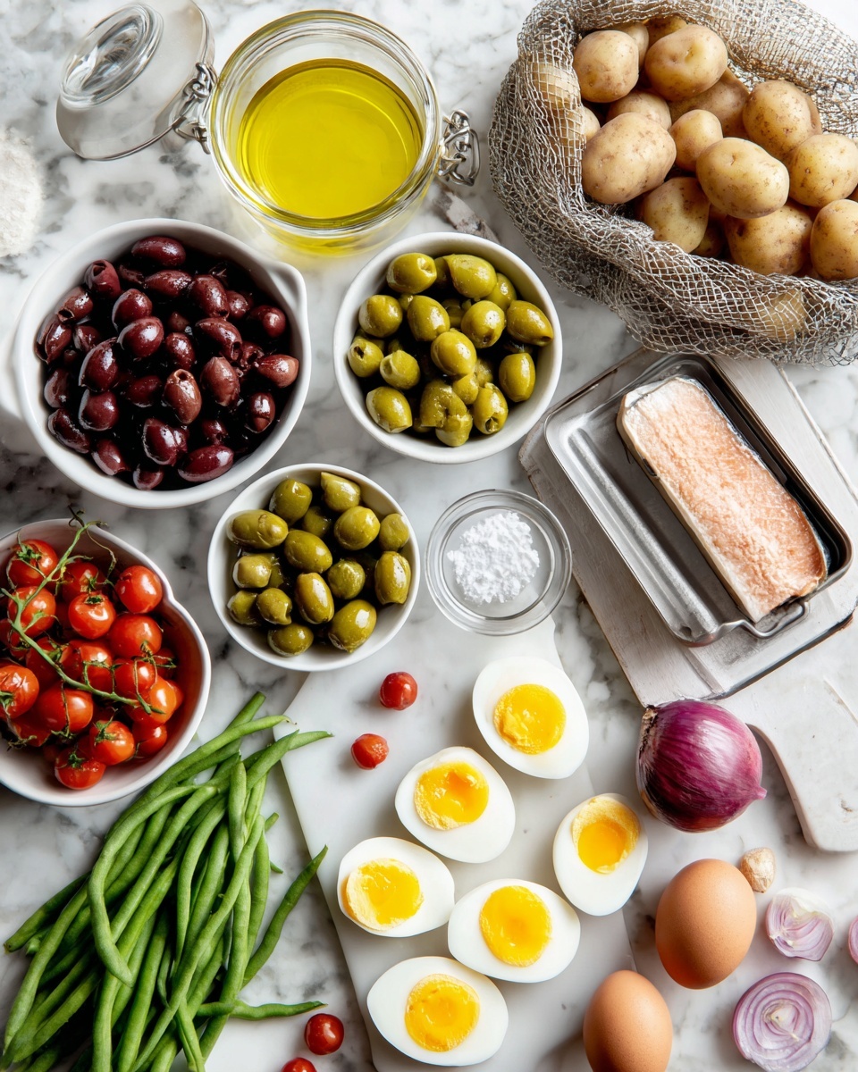 The image shows many fresh ingredients arranged on a white marbled surface: at the top left is a jar with yellow oil, next to it a white bowl filled with dark purple olives. Below this is a net bag full of small light brown potatoes, with a few loose potatoes beside it. Near the center, a white bowl holds green olives, with a small white bowl of salt next to it. Slightly below is an open tin of light brown tuna. To the right, there are four half-boiled eggs with bright yellow yolks on a white cutting board, along with a few small red grape tomatoes and thin slices of purple onion spread around. Next to the board is a whole purple onion and two whole brown eggs. Below and at the bottom left are long green beans, with a white bowl of red grape tomatoes beside them, and a small white bowl of green capers above. Photo taken with an iphone --ar 4:5 --v 7