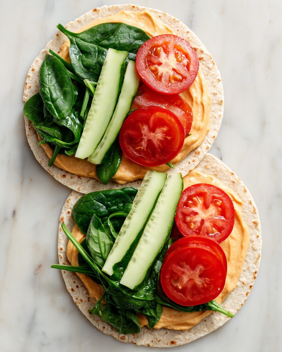 Two green spinach tortillas lie flat on a white marbled surface. Each tortilla is spread with a smooth layer of light orange hummus that covers the center mostly, leaving the edges visible. On the left tortilla, there are fresh dark green spinach leaves layered on the top half, with three long slices of light green cucumber pieces placed horizontally below the spinach. The right tortilla has the same base layer of hummus and spinach, but with four thick round red tomato slices placed in a neat row just above the cucumbers. The textures are fresh and vibrant, balanced against the soft tortillas. Photo taken with an iphone --ar 4:5 --v 7