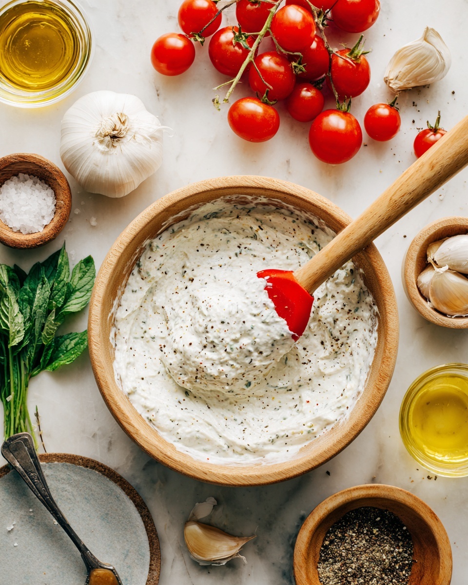 A clear round bowl filled with a creamy white mixture speckled with black pepper sits in the center on a white marbled surface. A wooden spatula with a red silicone head holds a dollop of this thick, textured white mixture above the bowl. Around the bowl, there are bright red cherry tomatoes, green herb sprigs, a head of garlic, a small bowl of coarse salt, a wooden bowl with chopped ingredients, a glass container filled with yellow olive oil, and a small plate with ground black pepper and a metal utensil. The scene is bright and fresh-looking, showing ingredients for a creamy herb sauce photo taken with an iphone --ar 4:5 --v 7
