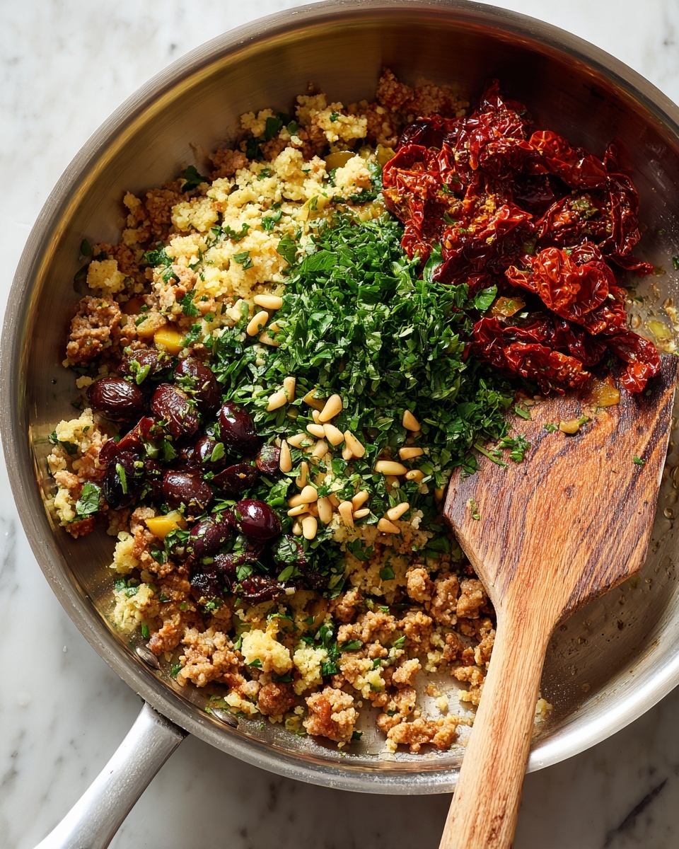 A silver pan filled with a mix of finely chopped light brown cooked meat and small pieces of yellowish cooked vegetables forms the base layer. On top, there are scattered deep red sun-dried tomatoes and slices of dark brown olives, creating a textured middle layer. Bright green chopped fresh herbs and creamy light yellow pine nuts are spread evenly over the top, adding pops of color and detail. A wooden spatula with visible grain rests on the right side of the pan, partly covered with the food mixture. The pan sits on a white marbled surface. photo taken with an iphone --ar 4:5 --v 7