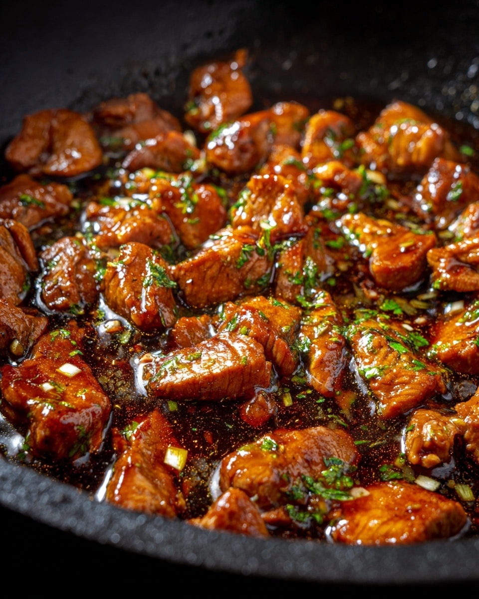 This dish shows many shiny, orange-brown pieces of cooked meat in a dark brown sauce with small bits of green and white, likely chopped herbs and onion, floating around. The meat pieces are irregularly shaped with a slightly glossy and moist texture, each coated with thick sauce that pools at the bottom. The background is a black, rough-textured pan surface that contrasts with the rich colors of the meat and sauce. photo taken with an iphone --ar 4:5 --v 7