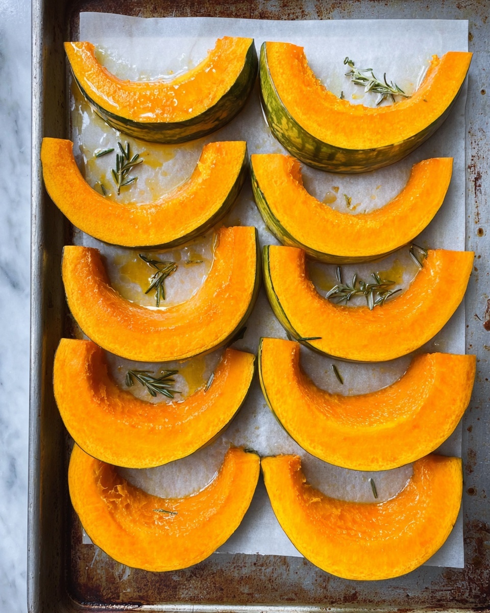 The image shows eight crescent-shaped slices of bright orange pumpkin with greenish skin, arranged in two neat columns on a baking tray lined with parchment paper. The pumpkin pieces are shiny with droplets of oil on top, and small sprigs of green rosemary are scattered around them. The baking tray edges at the bottom and right side of the frame show some browning from use, and the background beneath the tray is a white marbled surface. photo taken with an iphone --ar 4:5 --v 7