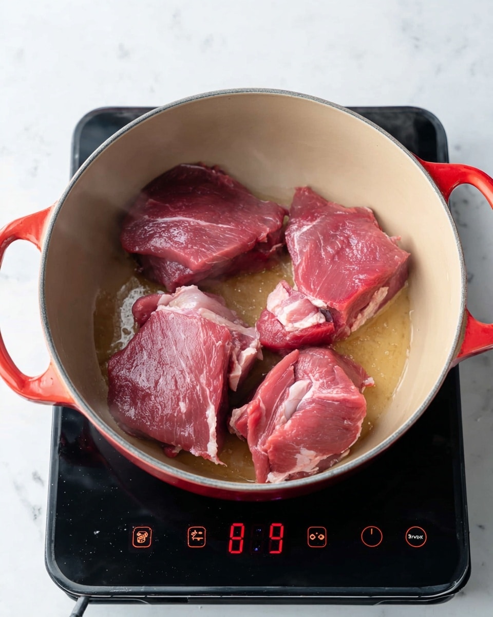 Inside a round pot with a light beige inside and red handles on the side, there are four pieces of raw red meat with some white fat sitting close to each other. The meat pieces show a fresh, shiny texture, and the pot is on a black electric stove with glowing red numbers 8:00. The background is a white marbled surface. Thin steam rises softly from the meat as it cooks. photo taken with an iphone --ar 4:5 --v 7