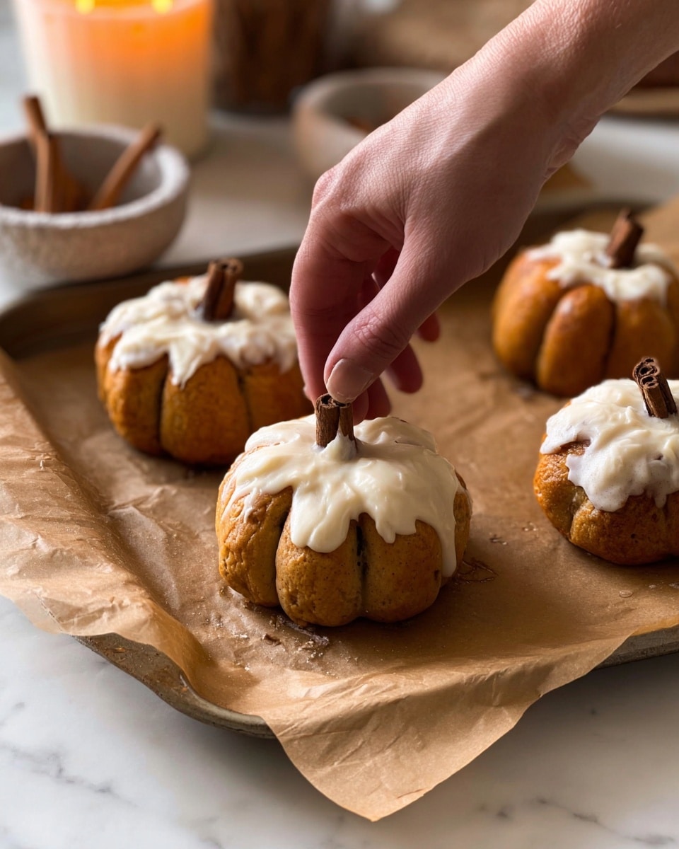 The image shows five small pumpkin-shaped breads on brown parchment paper on a baking tray. Each bread is light golden-brown with crease lines creating the pumpkin shape. One bread in the front center has white cream cheese frosting thickly spread on top, dripping slightly over the edges. A woman's hand is gently placing a stick of cinnamon vertically in the center of the frosted bread, making it look like a pumpkin stem. The background has a softly blurred white marbled surface with a lit brown-orange candle and a small white bowl with cinnamon sticks. photo taken with an iphone --ar 4:5 --v 7