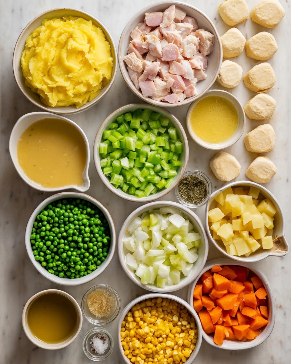 A top-down view of an array of white bowls and small dishes arranged in a grid on a white marbled surface, each containing different fresh ingredients: one bowl has yellow mashed potatoes with a smooth texture, another holds diced pale pink chicken pieces, a third is filled with bright green diced celery, and one more contains vibrant green peas. There are also bowls with cut green beans, golden yellow corn kernels, diced orange carrots, and white chopped onions. A larger bowl contains cubed yellow potatoes with skin. Small dishes hold a creamy yellow mustard, minced garlic, black pepper, and salt. A measuring cup with a light golden broth is included, alongside a row of soft, rolled-out biscuit dough pieces on the side. The overall layout is neat and colorful, highlighting the natural colors and textures of the fresh ingredients. photo taken with an iphone --ar 4:5 --v 7