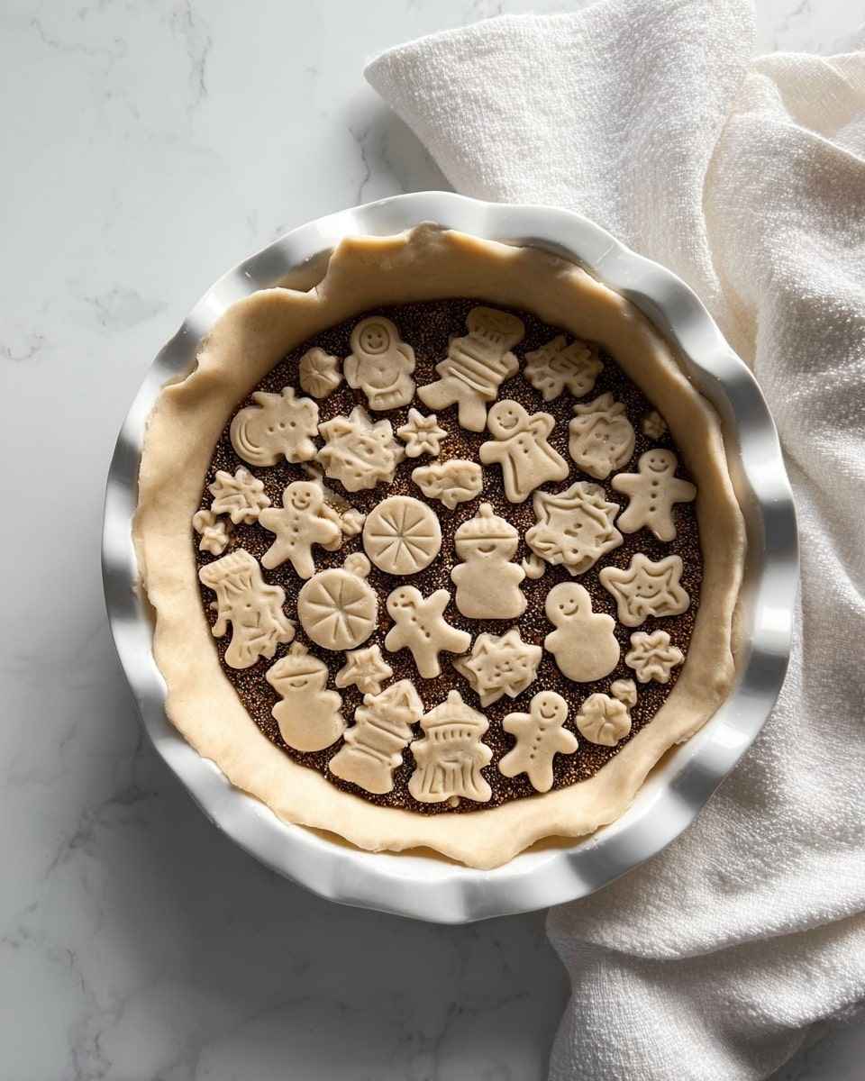 A white ceramic pie dish with a wavy edge holds an unbaked pie crust that folds over the edges, filled with layers formed by neatly arranged pale yellow rectangular slices of butter covering the bottom. A woman's hand is sprinkling a small pile of light brown sugar clumps in the center from a clear plastic bag. The dish is set on a white marbled surface, and a white cloth is casually placed nearby. photo taken with an iphone --ar 4:5 --v 7