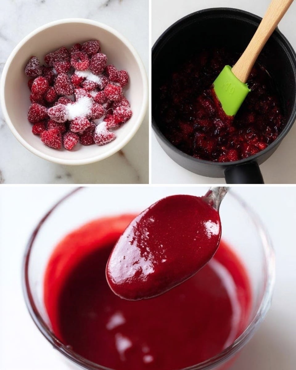 The image shows three steps of making a raspberry sauce. The first part has frozen raspberries mixed with white sugar in a white bowl on a white marbled surface. The second part shows the sauce in a black pot being stirred with a green spatula that has a wooden handle, the sauce is thick and deep red. The last part shows a spoon lifting some smooth, bright red sauce from a clear glass bowl. photo taken with an iphone --ar 4:5 --v 7