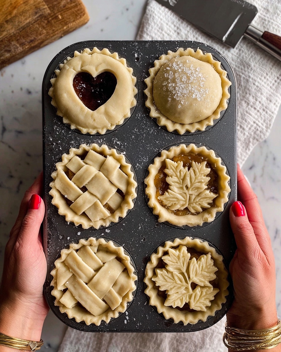 The image shows six small golden-brown pies on a white plate with a white marbled surface underneath. Five pies have different top patterns: two pies have lattice tops with thick, woven crust strips, two pies have solid tops with heart-shaped cutouts revealing dark filling inside, and one pie has a detailed leaf design on top with visible sugar crystals sprinkled over each pie crust. A woman's hand with red nail polish is holding one lattice-top pie in the foreground, showing the flaky texture and shiny finish of the crust. The pies are round with scalloped edges and the crusts look crisp and slightly glossy photo taken with an iphone --ar 4:5 --v 7