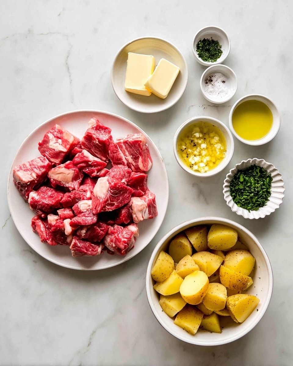 The image shows ingredients arranged on a white marbled surface. On the left, there is a white plate filled with many chunks of raw red meat with some white fat. Next to it, on the bottom right, there is a white bowl filled with yellow potato pieces, some with skin on. Above the bowl, there are five small dishes arranged in two rows: on the top row from left to right are a small white bowl with two pieces of yellow butter, a white bowl with chopped green herbs, and a small white bowl with light yellow minced garlic; on the bottom row are a small fluted white bowl with darker green herbs and a small white marble bowl with white salt. Finally, to the far right, there is a white bowl with light yellow oil with black specks. photo taken with an iphone --ar 4:5 --v 7