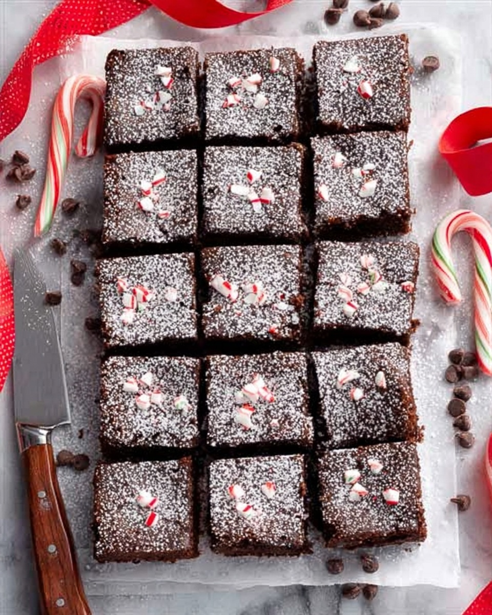 A stack of four thick, dark brown brownies is shown on a white marbled surface, each brownie studded with white candy pieces and large dark chocolate chunks inside. The top layer is sprinkled with crushed red and white peppermint bits and white powdered sugar. Around the brownies on the surface are scattered dark chocolate chips, a green candy, and a red-and-white peppermint candy cane. The texture of the brownies looks moist and dense. Photo taken with an iphone --ar 4:5 --v 7