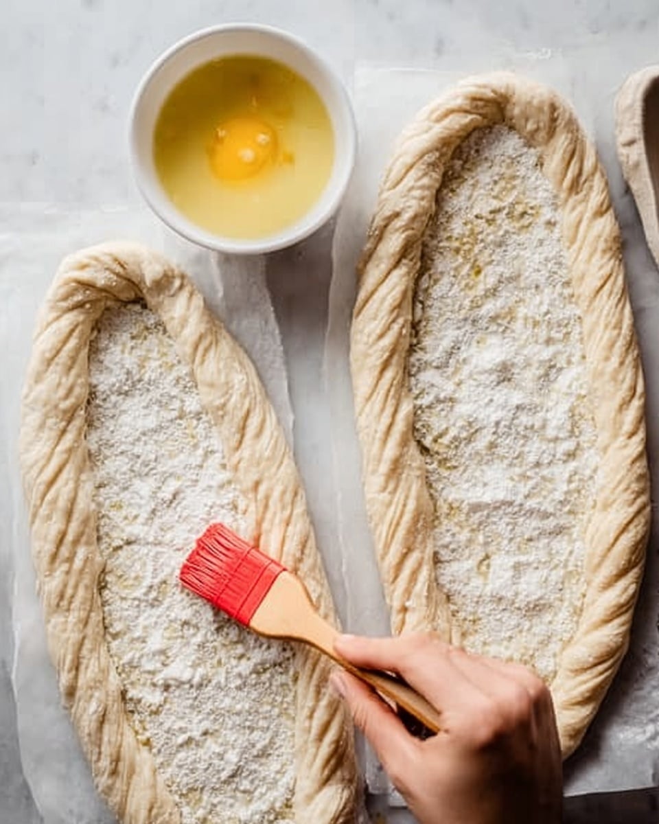 The image shows two long oval dough bases on white parchment paper over a white marbled surface. Each dough is slightly thick with raised edges folded in a twisted pattern along the sides. The dough is light beige with a rough texture on top, sprinkled with white flour. A woman's hand holds a wooden brush with red silicone bristles, gently pressing it onto the edge of the closer dough. To the left side is a small white bowl with a beaten egg mixture that has a smooth yellow surface. The scene has soft, natural light highlighting the details of the dough and the hand. photo taken with an iphone --ar 4:5 --v 7