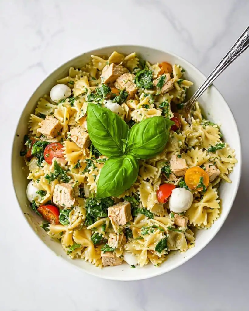 Chicken Pesto Pasta Salad with Spinach, Mozzarella, and Cherry Tomatoes Recipe