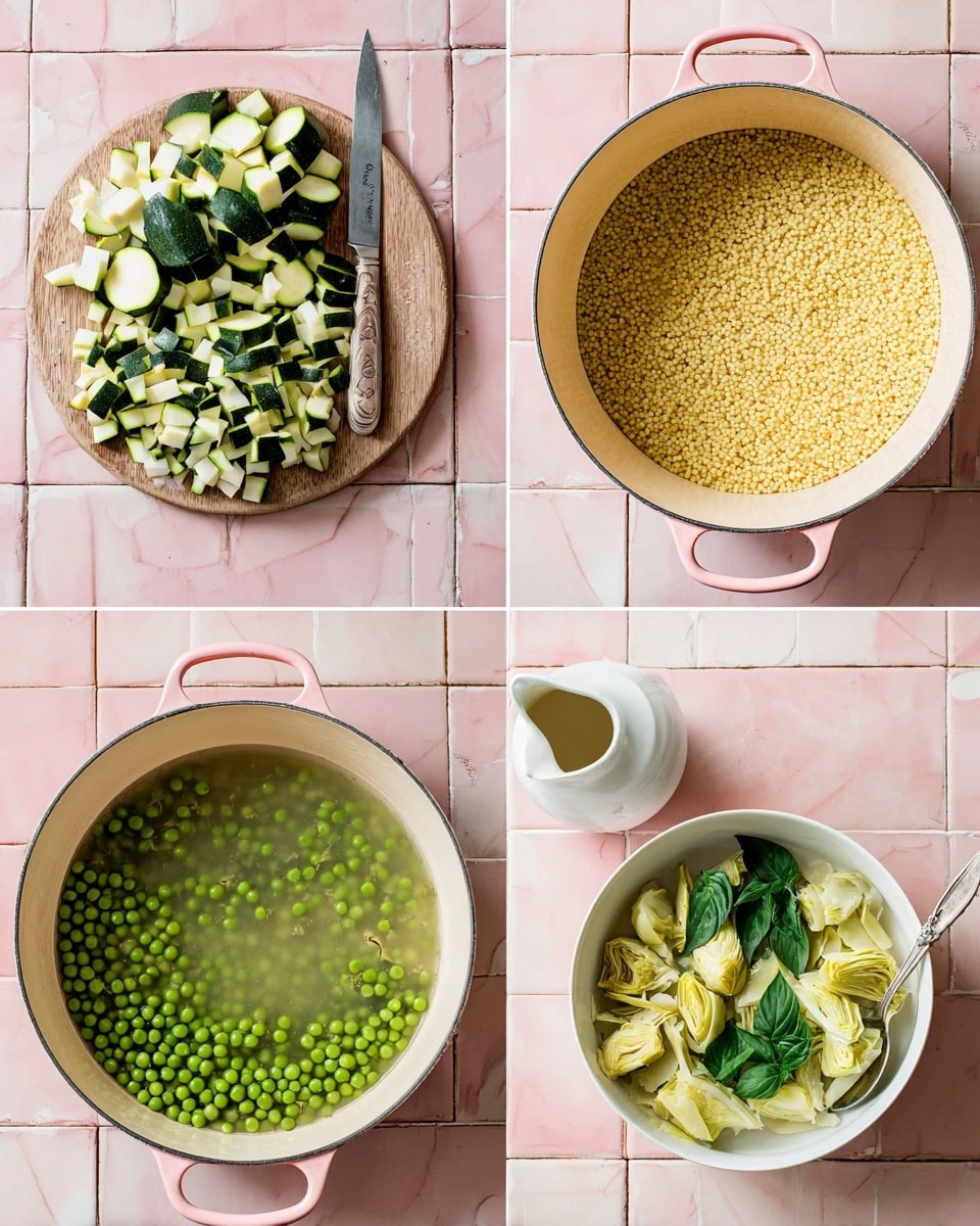 The image shows a four-step cooking process with a pink pot and a white bowl, all placed on a white marbled surface with pink tiles. Top left, chopped dark green zucchini pieces with white and green flesh rest on a round wooden board with a knife. Top right, the pink pot holds light yellow orzo pasta cooking in clear water. Bottom left, the pot now contains bright green peas floating in slightly cloudy water. Bottom right, a white bowl is full of four layers: bright green peas on the top left, light yellow artichoke pieces on the top right, dark green basil leaves in the center, and light yellow cooked orzo pasta at the bottom, with a spoon inside the bowl. A small white pitcher with dressing is placed near the bowl. Photo taken with an iphone --ar 4:5 --v 7