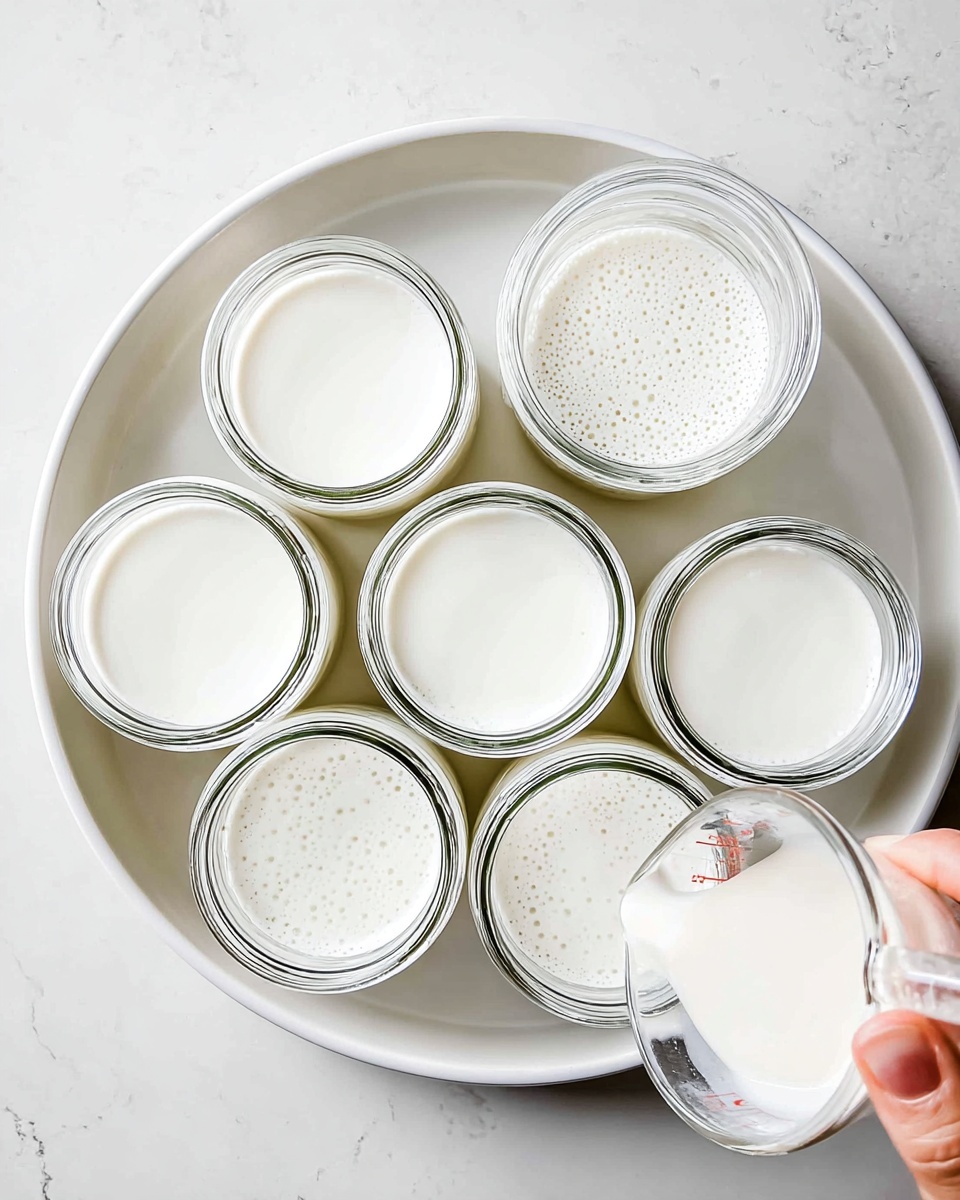 The image shows eight small clear glass jars placed in a round white tray. Each jar is filled with a smooth, white creamy liquid that has tiny bubbles on the surface. The jars are arranged in two rows around one in the center, and a woman's hand is pouring the same white creamy liquid from a clear measuring cup into one of the jars at the bottom right. The tray and jars rest on a white marbled surface, giving a clean and fresh look. photo taken with an iphone --ar 4:5 --v 7