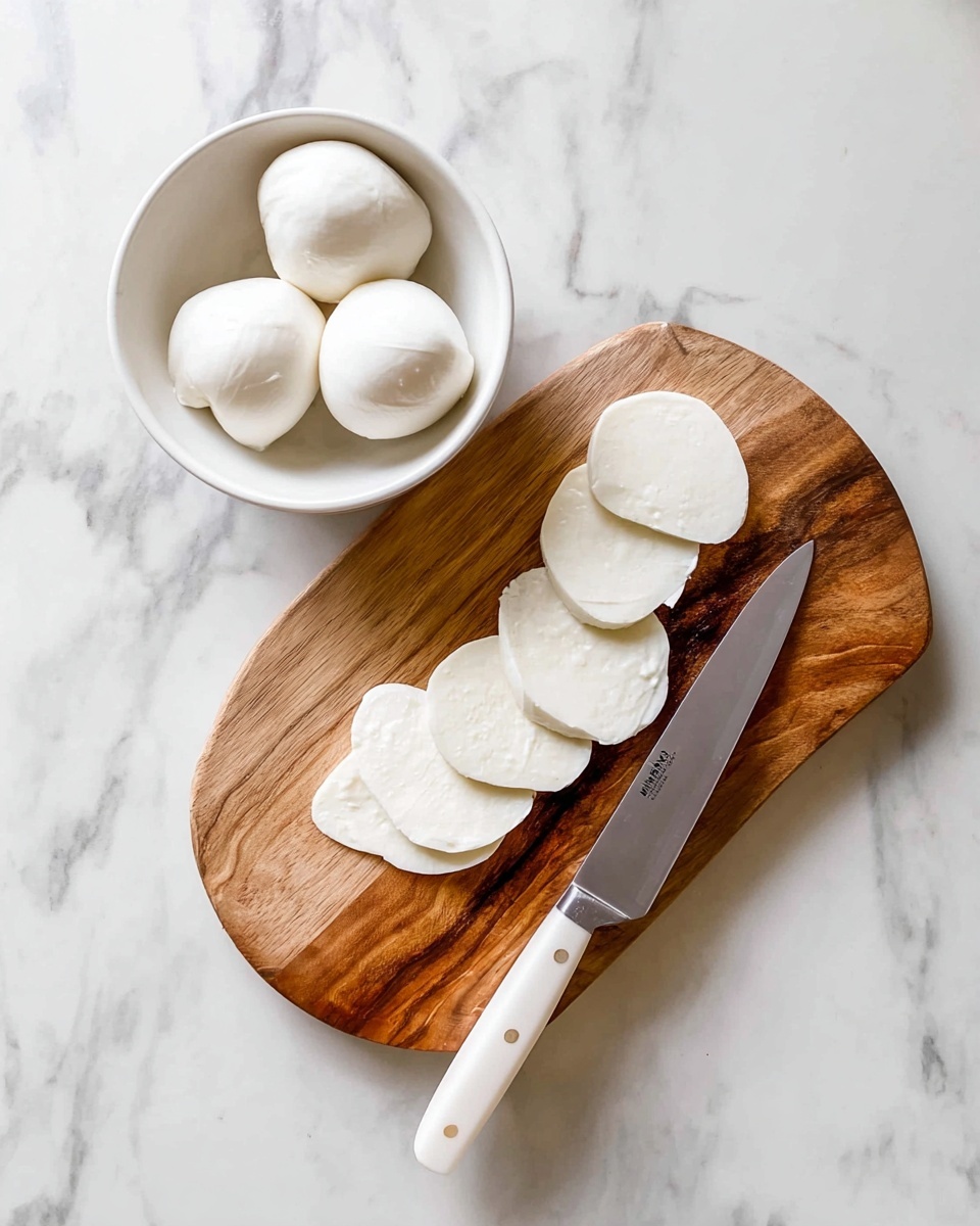 A wooden cutting board placed on a white marbled surface holds a fresh ball of white mozzarella cheese and several round slices of the cheese laid out in a neat row beside it. To the left of the cutting board is a white bowl with two whole mozzarella balls inside. A large sharp knife with a white handle rests on the cutting board to the right of the cheese slices. The overall colors are natural wood tones, white cheese, and silver metal from the knife blade. photo taken with an iphone --ar 4:5 --v 7