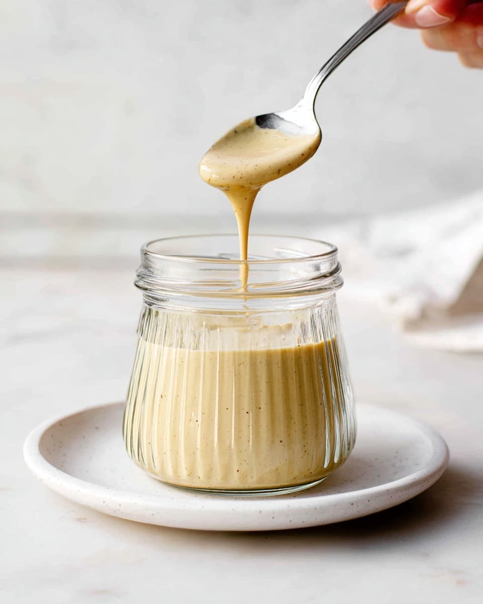 A clear glass jar with vertical ridges is filled halfway with a creamy light beige sauce. A silver spoon held by a woman's hand above the jar drips the thick sauce back into it. The jar sits on a simple white round plate placed on a white marbled surface. The background is bright and blurred, adding focus to the jar and sauce. Photo taken with an iphone --ar 4:5 --v 7