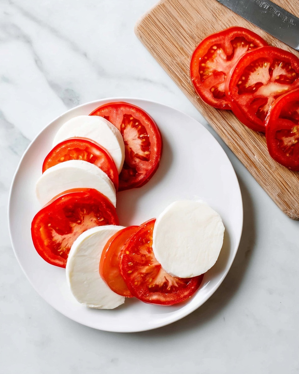 A white plate on a white marbled surface holds a half circle of alternating layers of bright red tomato slices and smooth white mozzarella slices, with five layers total, starting with a slice of tomato on the left side, followed by mozzarella, tomato, mozzarella, and ending with tomato on the right. Next to the plate, a wooden cutting board has more red tomato slices arranged in a row with a large knife resting on it. Photo taken with an iphone --ar 4:5 --v 7