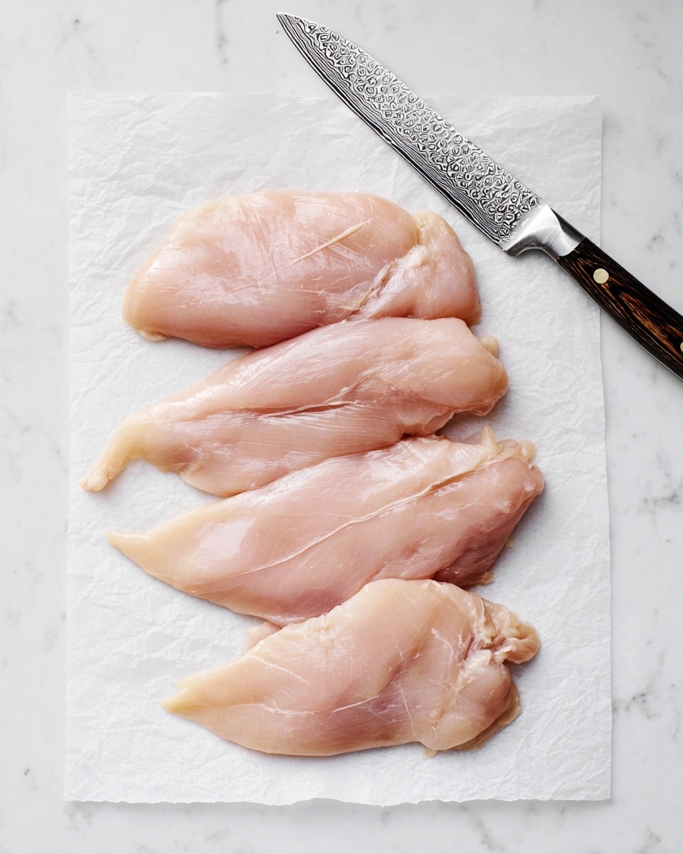 Four raw, thin, pale pink chicken pieces are neatly laid out in a slightly overlapping row on a white parchment paper on a white marbled surface. Above the chicken is a shiny kitchen knife with a patterned silver blade and a dark wooden handle, positioned horizontally with the blade pointing right. The chicken pieces show smooth and slightly moist textures with some faint white lines of fat. Photo taken with an iphone --ar 4:5 --v 7