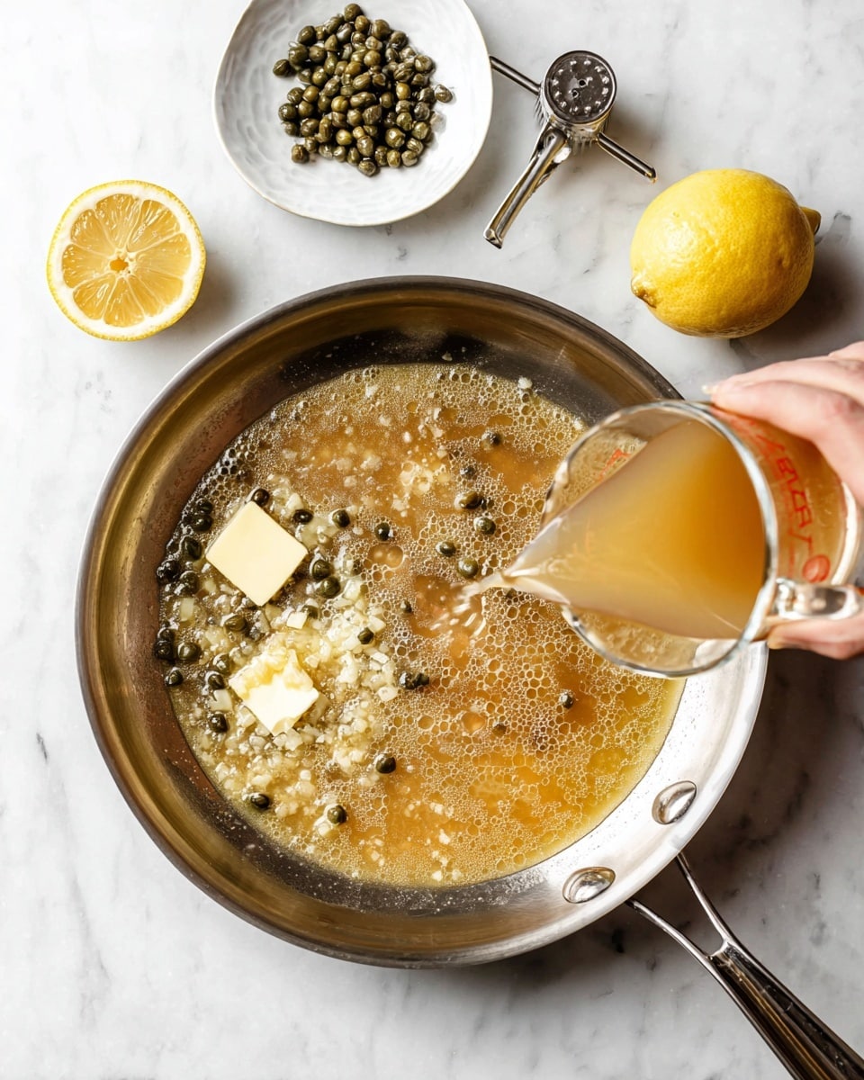 A stainless steel pan sits on a white marbled surface, filled with a light brown liquid sauce that has bits of finely chopped garlic throughout. Two small squares of pale yellow butter melt near the left side, next to a small pile of dark green capers slightly to the right of the butter. A woman's hand pours more light brown liquid from a clear glass measuring cup into the pan, creating a slight splash in the sauce. Above the pan, there is a small white plate holding a few dark green capers, and below, a halved lemon and a metal lemon squeezer with a whole lemon on it sit on the white marbled surface. Photo taken with an iphone --ar 4:5 --v 7
