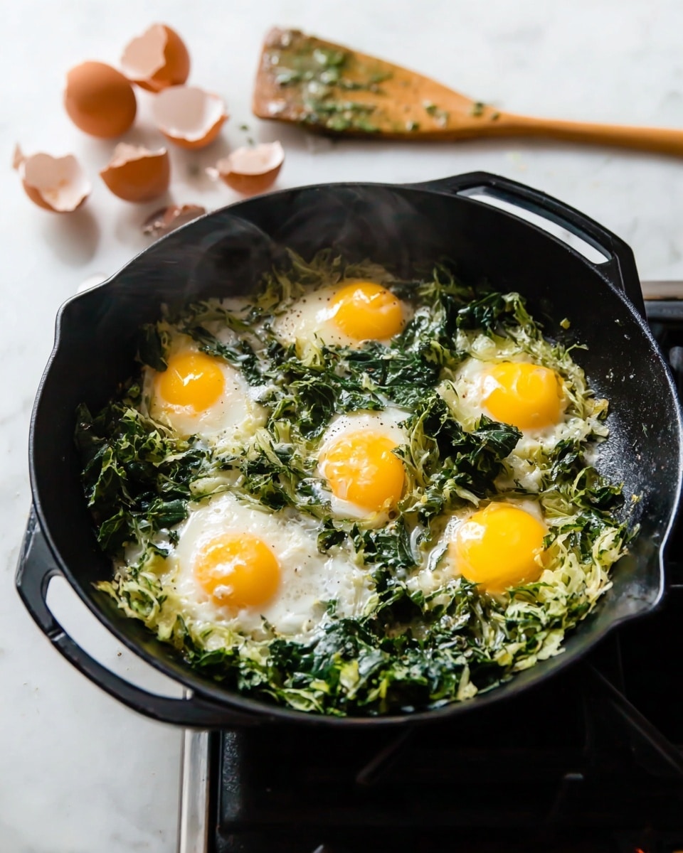 A black cast iron skillet sits on a white marbled surface, filled with a mix of cooked diced green vegetables and leafy greens forming the base layer. On top of this, five sunny side up eggs are evenly spaced, each with bright yellow yolks and glossy white edges. Finely chopped green herbs are sprinkled all over the eggs and vegetables, adding fresh green specks. To the side, fresh green herb sprigs and a wooden cutting board with more chopped herbs can be seen. A white cloth is casually placed near the skillet handle, and a black-handled knife rests on the surface nearby. Photo taken with an iphone --ar 4:5 --v 7