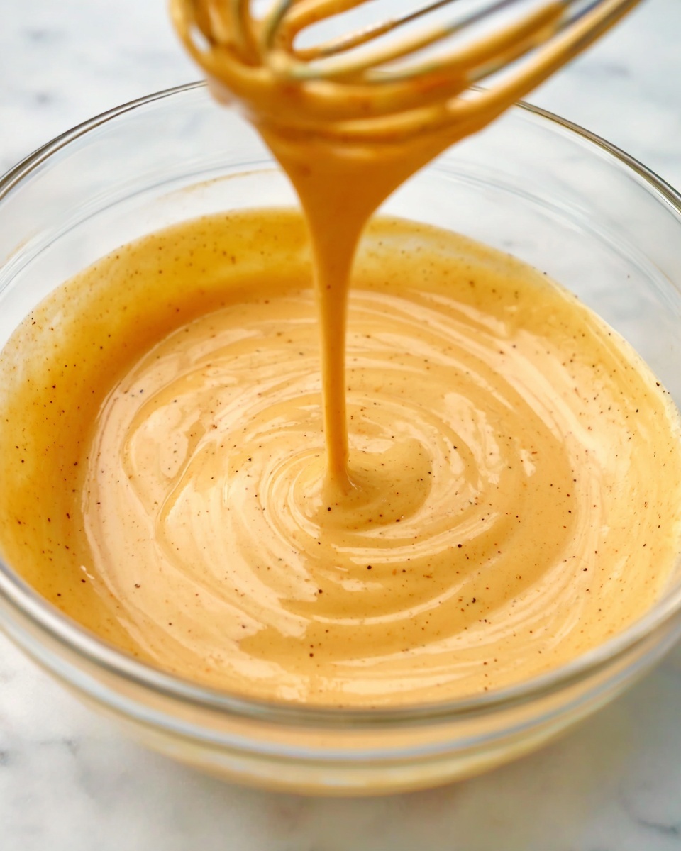 A close-up view of a thick, smooth sauce with a creamy texture, light orange color speckled with tiny black pepper dots, being drizzled from a whisk into a clear glass bowl. The sauce fills the bowl about half full, showing soft swirls on the surface where it falls. The background and surface beneath the bowl have a white marbled texture, adding a clean and bright look. Photo taken with an iphone --ar 4:5 --v 7