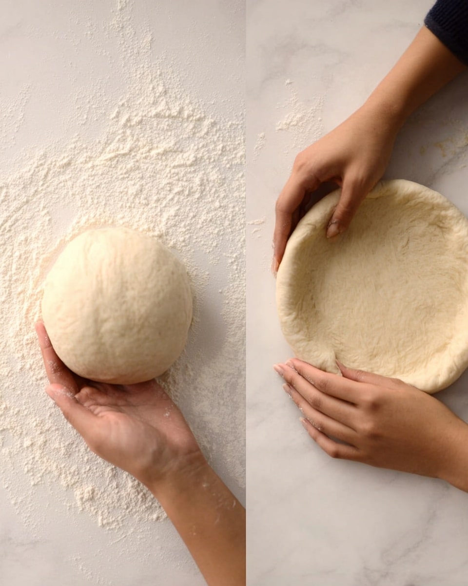 The image shows two round dough balls on a white marbled surface dusted with flour. On the left, one dough ball rests while a woman's hand gently holds the other dough ball. On the right, two woman's hands are shaping a flat round dough, pressing from the edges inward, creating a slightly raised crust around the dough's perimeter. The doughs have a smooth, pale beige texture, and the scene has soft, natural lighting that highlights the flour dust and dough surface photo taken with an iphone --ar 4:5 --v 7