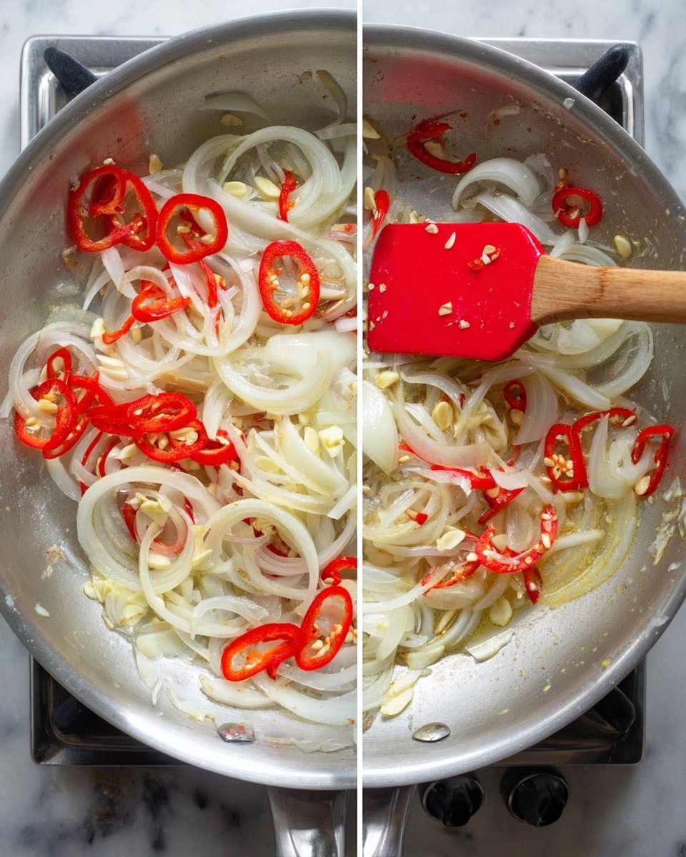 A top-down view shows a silver pan on a stove with thinly sliced white onions, bright red chili rings, and light yellow slivers of garlic spread across the pan surface. The onions have different stages of cooking, varying from raw white to translucent as they soften. A red spatula with a wooden handle is seen stirring the mixture in one image. The background surface is a white marbled texture. photo taken with an iphone --ar 4:5 --v 7