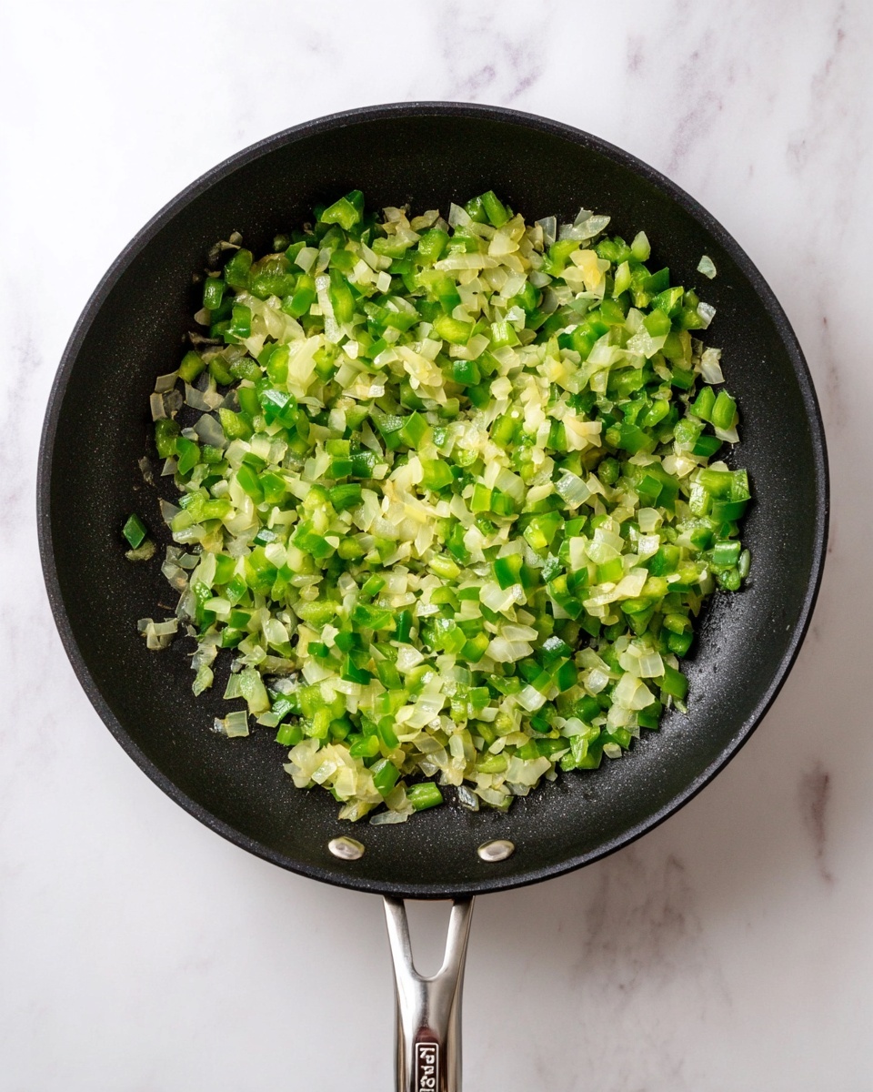 A black frying pan with a metal handle sits on a white marbled surface, filled with a mix of finely chopped green bell peppers and translucent cooked onions. The vegetables cover the pan evenly in one layer, showing a mix of bright green and light yellow-white colors with a soft, slightly moist texture. The handle extends upward, with the pan centered in the image. photo taken with an iphone --ar 4:5 --v 7