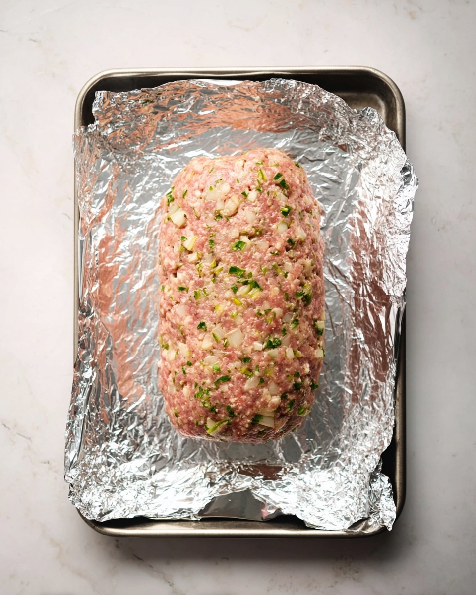 A raw meatloaf shaped into an oval form sits centered on a baking tray covered with shiny silver foil. The meatloaf mixes light and darker pink tones with visible bits of white onions and green herbs scattered evenly throughout. The foil lining wrinkles around the edges of the tray, resting on a smooth white marbled surface beneath. The lighting is soft and natural, highlighting the texture and colors of the uncooked meatloaf photo taken with an iphone --ar 4:5 --v 7