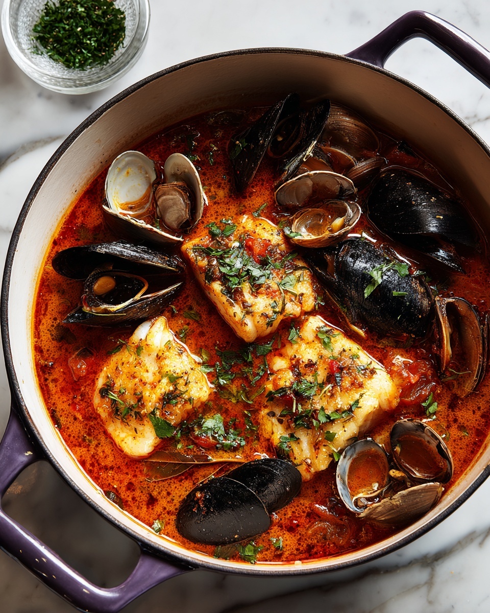 A large white pot with purple handles is filled with a rich orange-red broth that looks thick and oily. Around the pot’s surface there are black mussels and gray clams, some fully closed and others slightly open, scattered evenly across the top. Floating in the broth are three large white pieces of fish, smooth in texture and firm. There is also a bay leaf visible near the edge, and small bits of red tomato and green herbs mix into the broth. The pot sits on a white marbled surface, with a small glass dish of herbs off to the side. Photo taken with an iphone --ar 4:5 --v 7