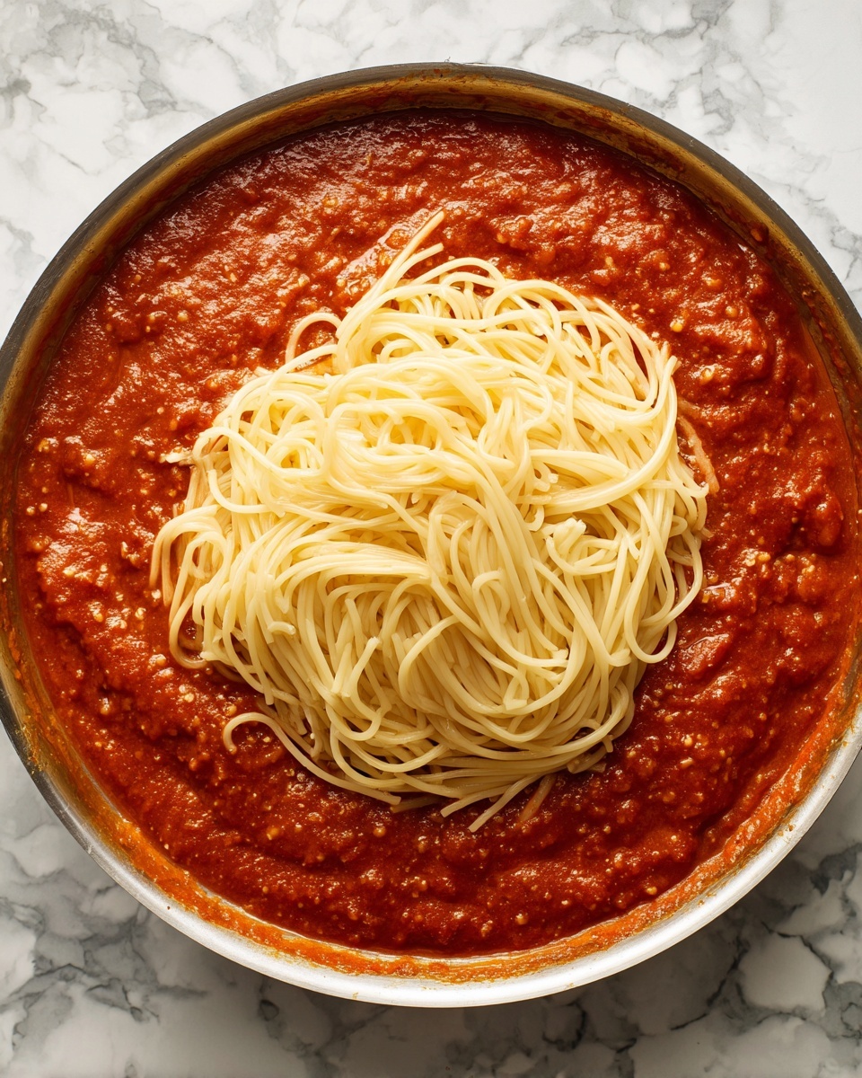 A pan of thick reddish-brown sauce fills most of the image, with visible small chunks and a slightly creamy texture, showing some steam rising. On top of the sauce, in the center, is a pile of pale yellow cooked pasta strands that are long and smooth, arranged loosely and slightly tangled. The pan is metal and shows some sauce stains around the edges. The background is a white marbled texture. Photo taken with an iphone --ar 4:5 --v 7