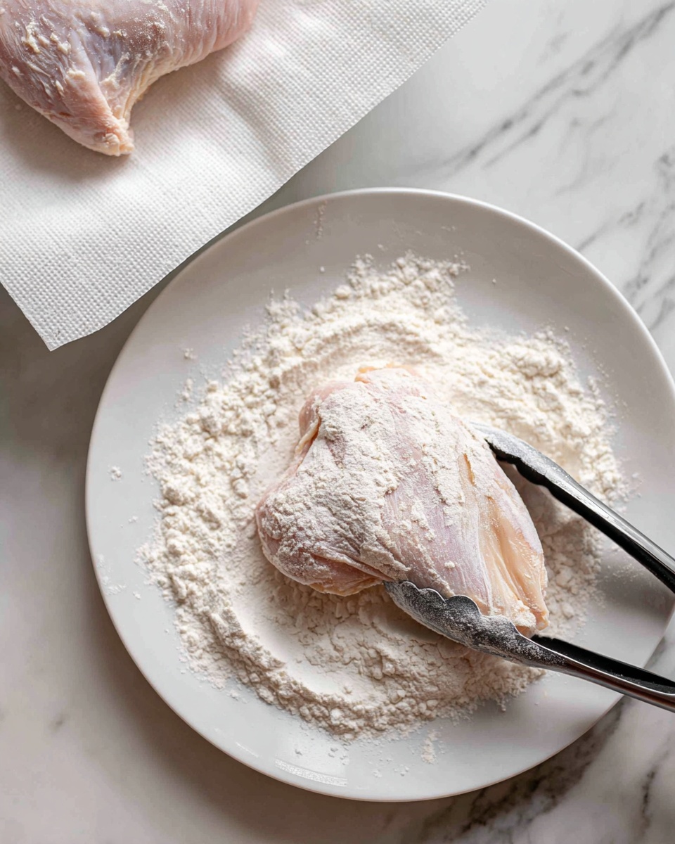 A raw chicken piece is placed in the center of a white plate with a layer of white flour spread evenly beneath it. The chicken is coated lightly with the flour, showing a pale pink color mixed with the powdery white texture of the flour on its surface. A pair of metal tongs with black silicone tips holds the chicken on the right side, lifting it slightly out of the flour. In the background, another chicken piece is resting on a white plate lined with a white paper towel. The surface beneath the plates is a white marbled texture. photo taken with an iphone --ar 4:5 --v 7