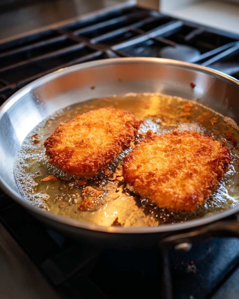 Inside a silver frying pan, there are two pieces of breaded, fried food cooking in bubbling oil. The food pieces are golden brown with a rough, crunchy texture. The pan shows small splashes of oil and some bits of batter around the edges. The stove under the pan has black grates. The scene is simple, focusing on the cooking process with the pan and food filling most of the image space. photo taken with an iphone --ar 4:5 --v 7