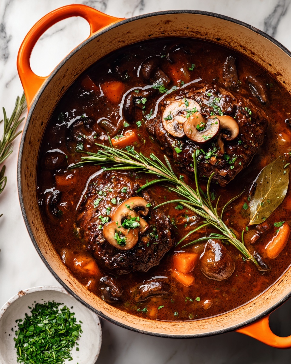 This image shows a round orange cast iron pot filled with a rich brown stew. There are two large pieces of cooked meat in the stew, each topped with a small mushroom slice and finely chopped green herbs. The stew has a thick texture with visible chunks of dark brown mushrooms, orange carrot pieces, and dark sauce. A bay leaf and sprigs of rosemary float on the surface. The pot sits on a white marbled surface, and to its right there is a small white dish with chopped green herbs. Photo taken with an iphone --ar 4:5 --v 7